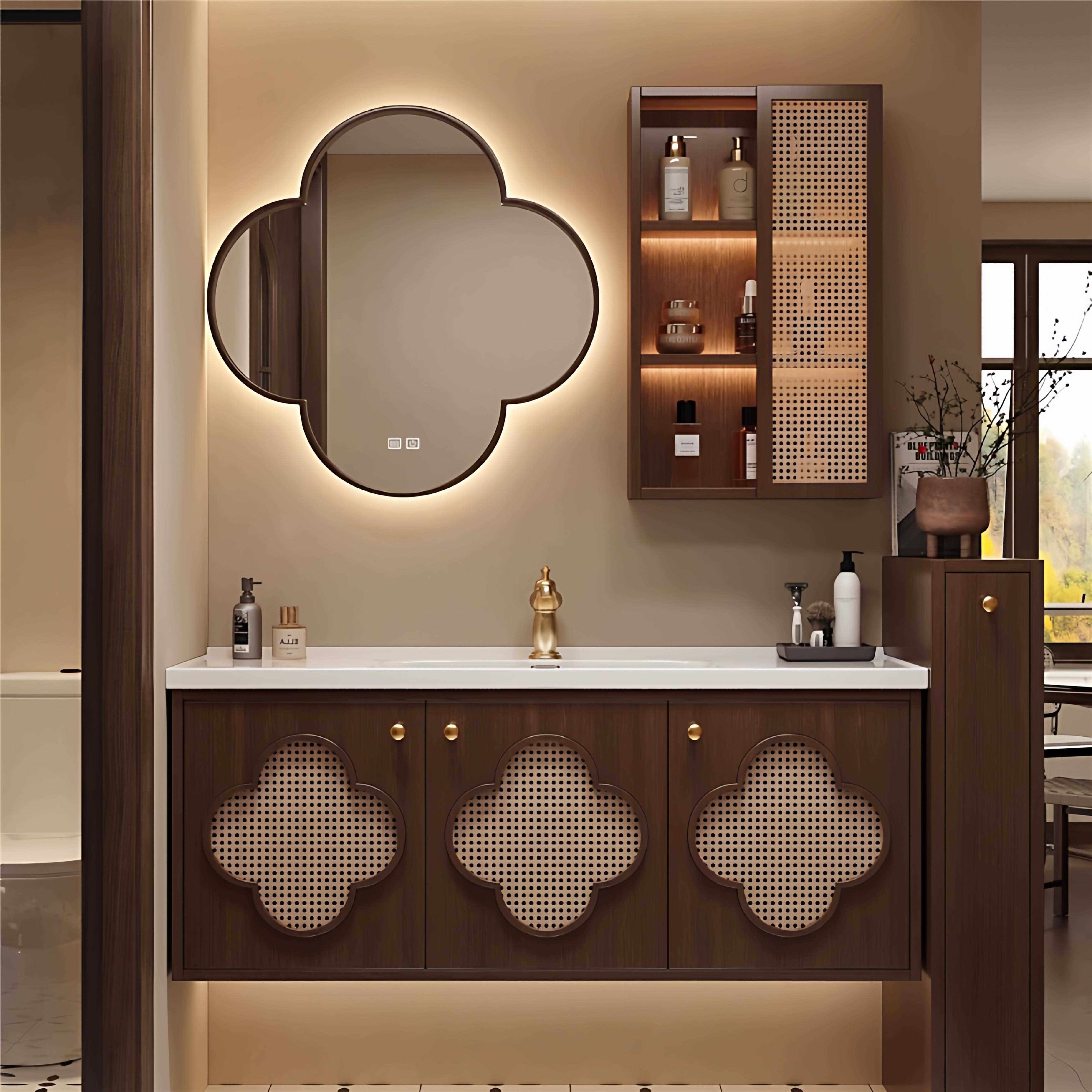 宋氏美学中古风陶瓷一体浴室柜组合藤编复古橡木洗脸盆卫生间洗漱