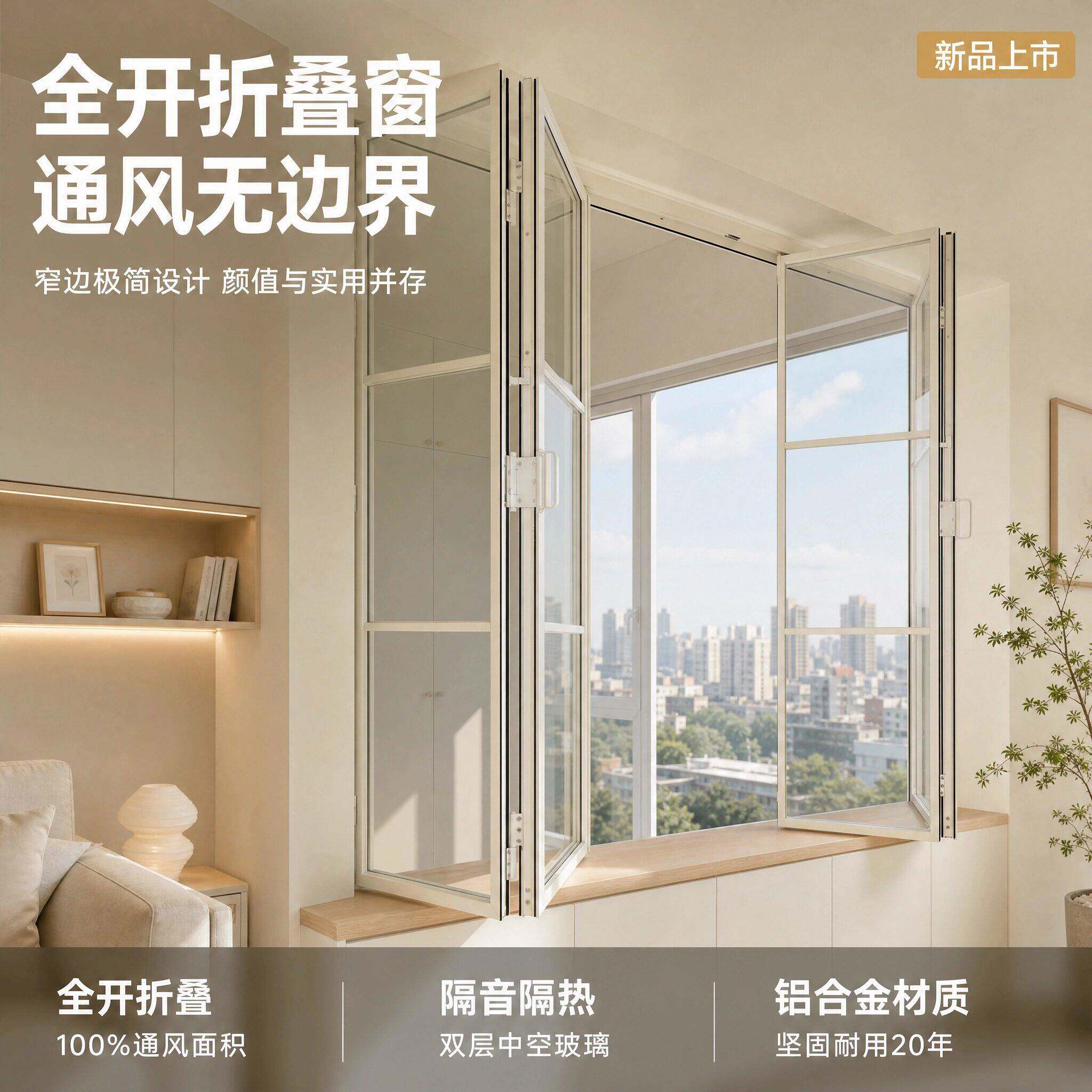 极窄法式复古折叠窗阳台卧室厨房无轨铝合金开放式左右折叠推拉窗