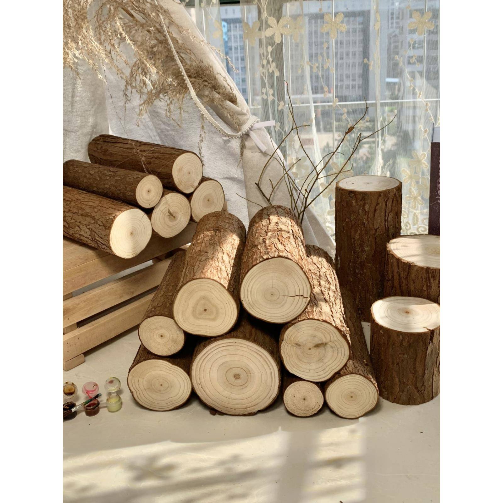 壁炉装饰木材原木小木桩实木皮革饰品道具木工栅栏栅栏木圆木桩