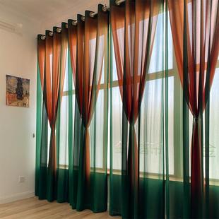 中古风纯色超柔纱落地窗墨绿橙色客厅饭厅房间透光不透人双层纱帘