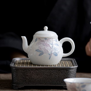 手绘百合茶壶单壶功夫泡茶器陶瓷茶具带过滤釉下彩堆雕家用手工壶
