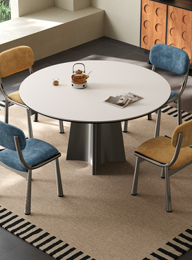 北欧不锈钢德利丰岩板餐桌现代简约小户型家用纯白极简岩板餐桌椅