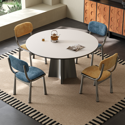 北欧不锈钢德利丰岩板餐桌现代简约小户型家用纯白极简岩板餐桌椅