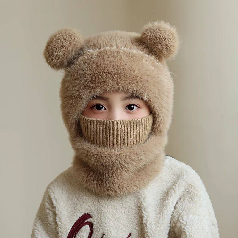 儿童护耳帽子口罩围脖一体帽冬季保暖男童女童防风加厚毛线套头帽