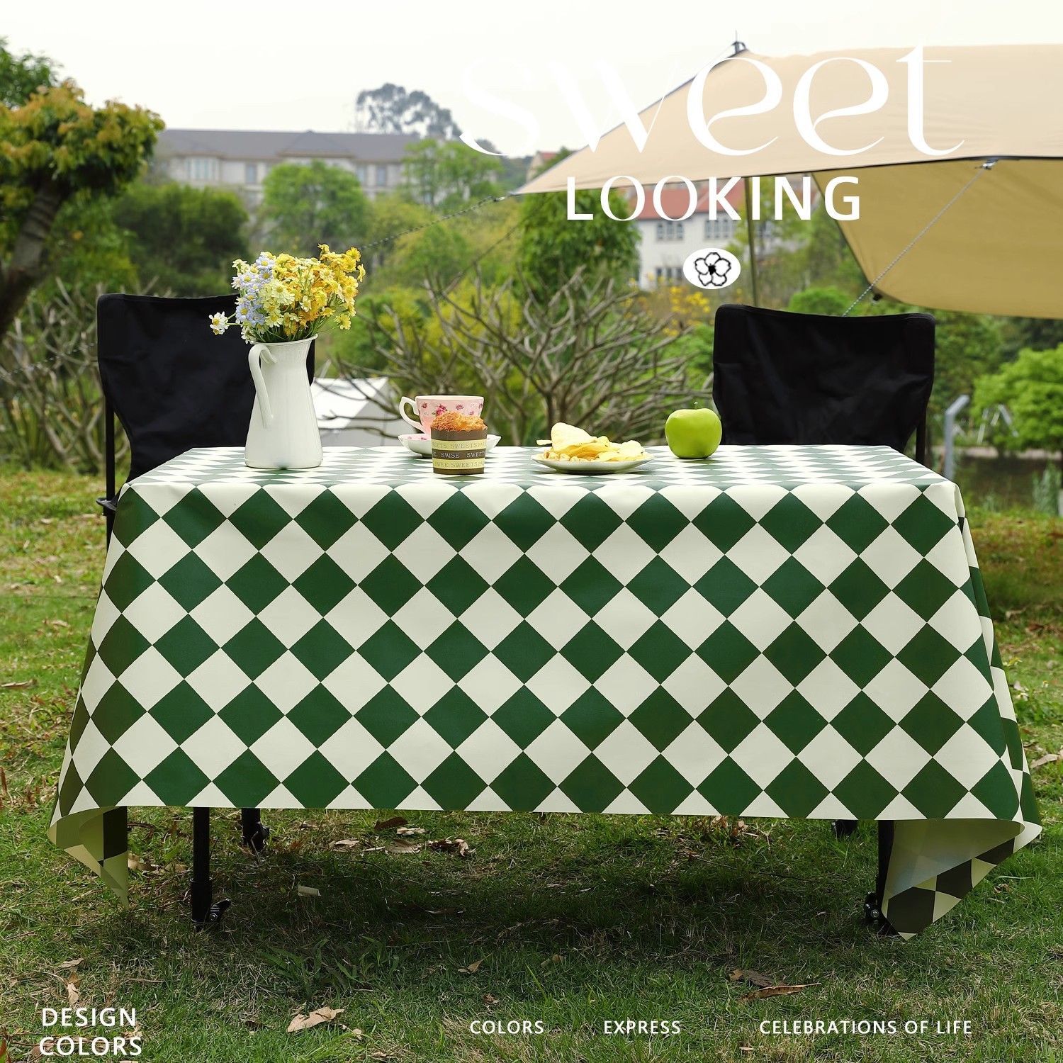 户外桌布防水防油免洗露营庭院绿色格子蛋卷桌网红野餐布摆摊台布