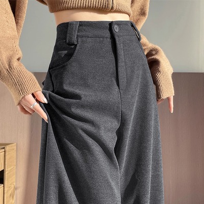 灰色加厚毛呢阔腿裤女秋冬高腰休闲呢子西装裤子垂感松弛拖地长裤