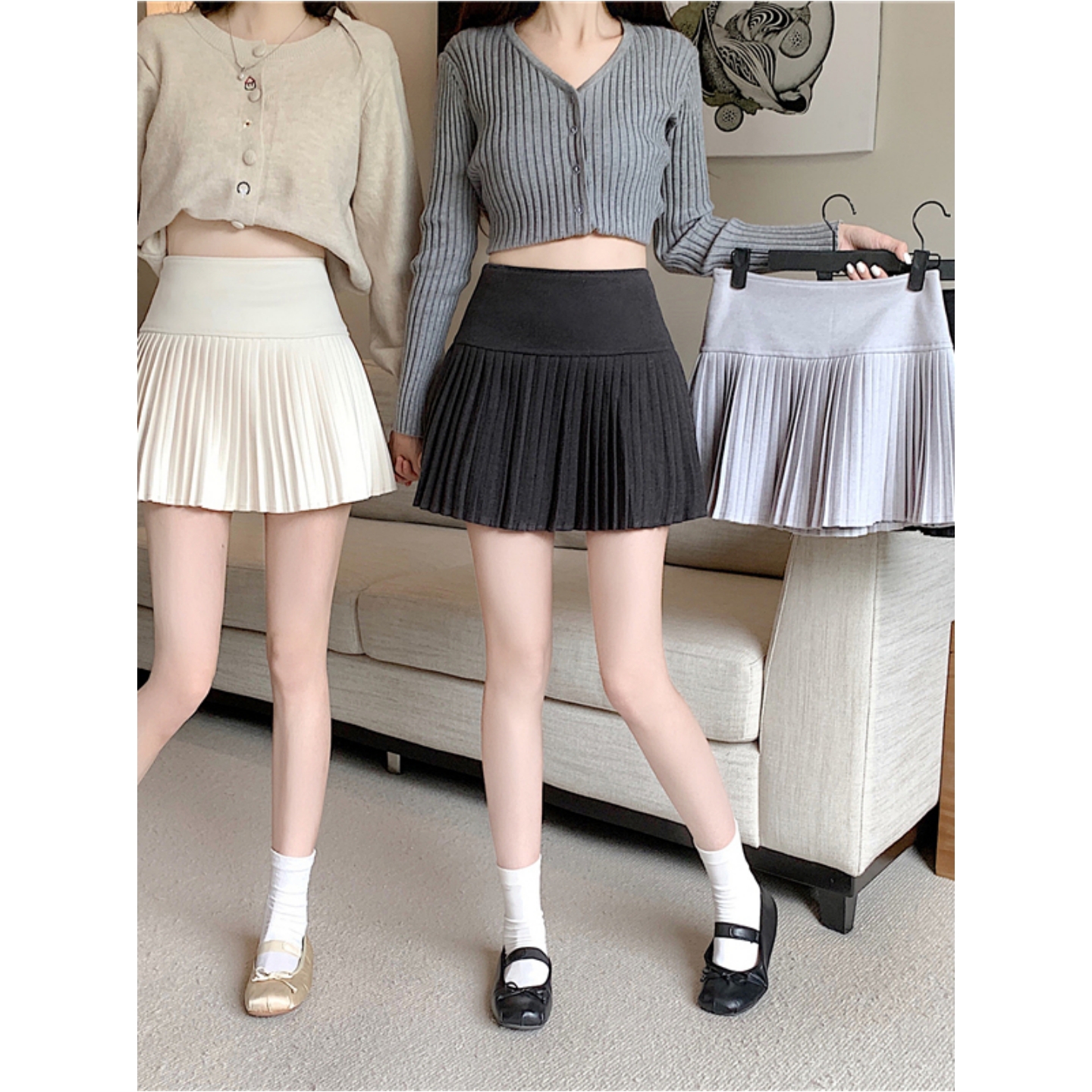 黑色毛呢百褶裙女秋季a字半身裙