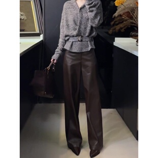 直筒阔腿裤 美拉德风休闲咖色PU皮裤 小个子春季 显瘦修身 女2026新款