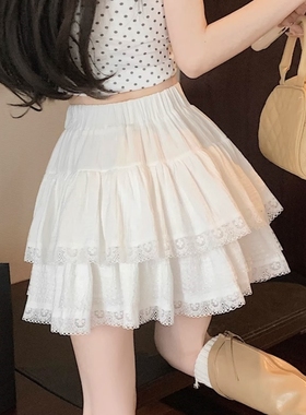 白色蓬蓬半身裙女秋季小个子高腰显瘦防走光蕾丝花边a字蛋糕短裙