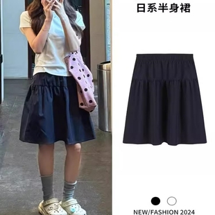 2025新款 日系藏青色半身裙女夏季 学院风半裙高腰显瘦伞裙a字短裙