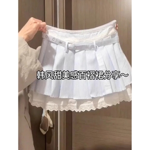 甜美可爱温柔蕾丝边条纹百褶短裙甜妹低腰防走光A字半身裙女 韩版