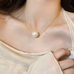一颗大珍珠项链ins简约法式小众设计感单颗大贝珠锁骨链项圈女
