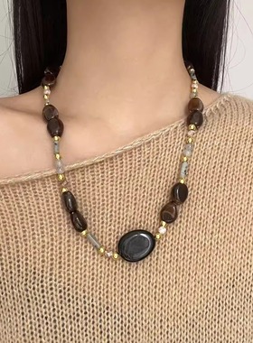 民族风椭圆天然石树脂串珠项链女