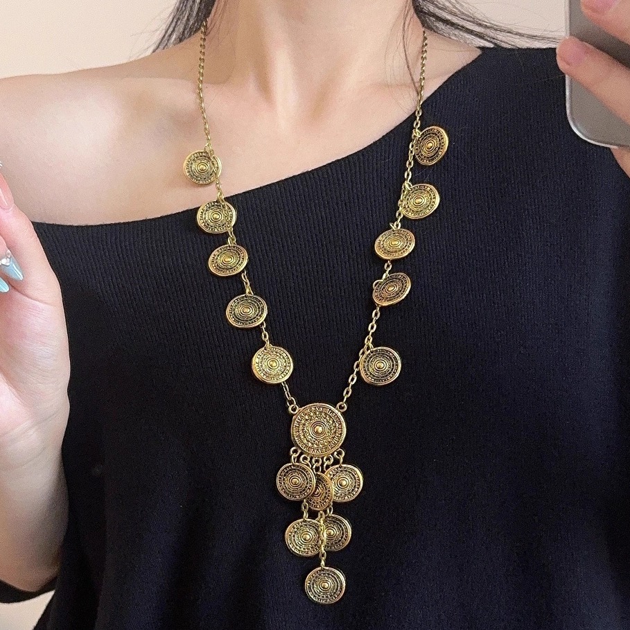 时尚个性复古圆形纹路钱币项链女