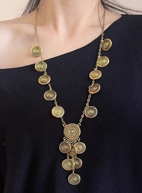 时尚个性复古圆形纹路钱币项链女