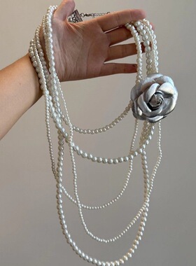 纯白美神法式层叠珍珠山茶花项链配饰女高级感长款轻奢毛衣链挂脖