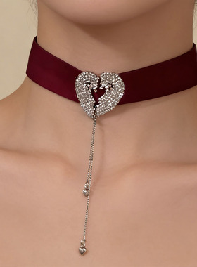 韩式红色丝带流苏镶钻爱心项链女