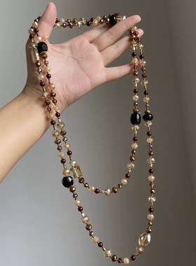 复古美拉德虎眼石黑色圆珠水晶串珠项链女秋冬高级感叠戴毛衣链