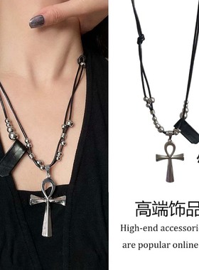 欧美哥特朋克黑皮绳十字架项链女