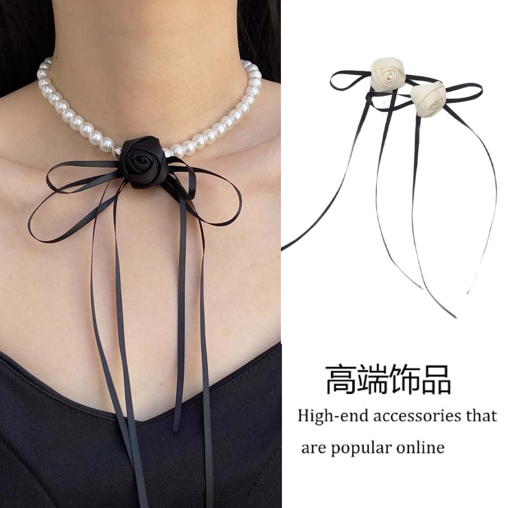 法式优雅蝴蝶结山茶花珍珠项链女