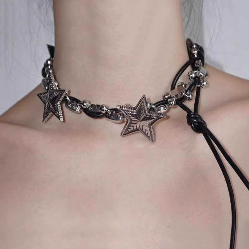 欧美暗黑风金属五角星皮绳项链女