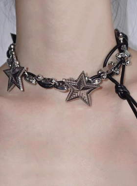 欧美暗黑风金属五角星皮绳项链女