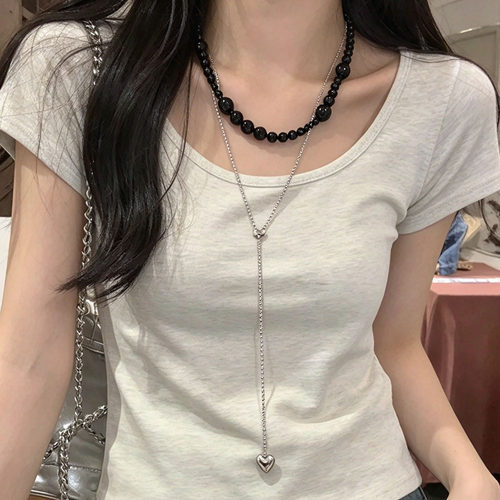 黑玛瑙串珠叠戴爱心坠项链锁骨链