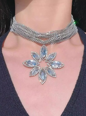 欧美潮流多层镶钻水晶花朵项链女