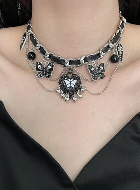 哥特暗黑编织皮质爱心蝴蝶项链女