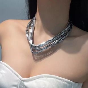 多层叠戴银色金属粗链条项链女甜酷时尚质感独特锁骨链设计感颈链