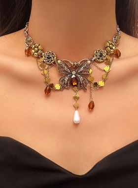 美德拉复古金属花蝴蝶水滴项链女
