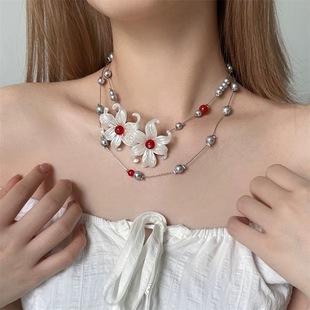 法式甜美灰色珍珠花朵项链女多层叠戴轻奢高级感串珠锁骨链颈链潮