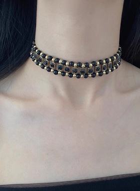 欧美复古黑金串珠镶钻百搭项链女