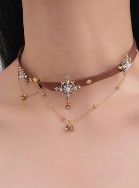 美德拉棕色皮质珍珠十字架项链女