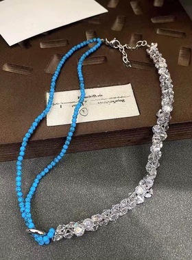 韩版复古绿色串珠项链女款轻奢超闪锆石碎钻高级感锁骨链配饰