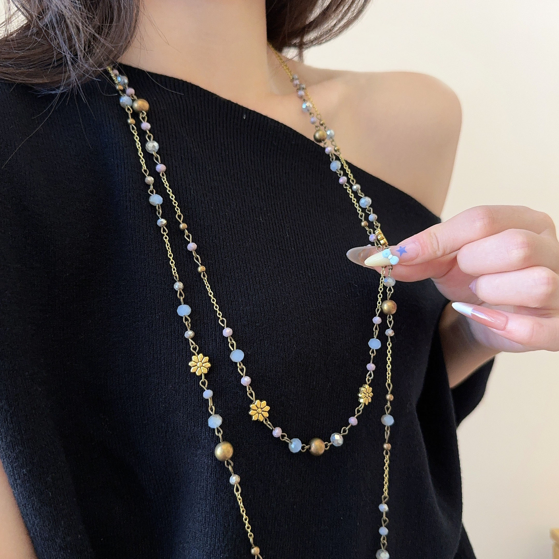 时尚复古长款叠戴雏菊花朵项链女