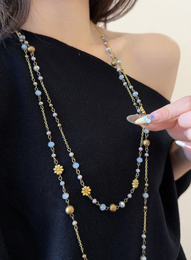 时尚复古长款叠戴雏菊花朵项链女