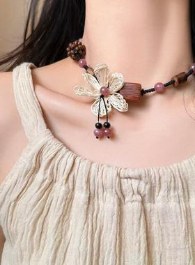 复古民族风木质串珠花朵项链女款