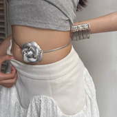 甜酷时髦流苏皮革腰链女y2k银色山茶花系带辣妹配饰甜酷立体腰带