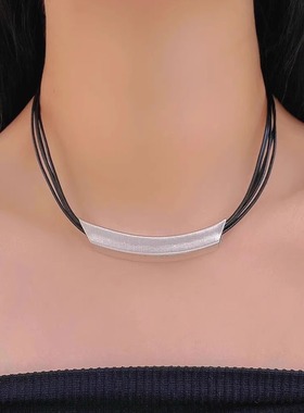 欧美复古多层皮绳弧形金属项链女