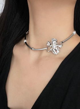 欧美复古金属花朵珍珠拼接项链女