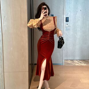 茶歇气质长裙新款法式蕾丝拼接假两件丝绒连衣裙女20986