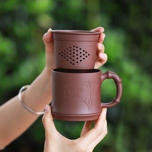 宜兴原矿紫砂杯名家纯手工大容量内胆过滤紫泥茶杯带盖杯子茶具