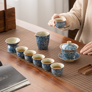 家用整套轻奢中式 老陶泥青花瓷功夫茶具套装 办公室盖碗泡茶壶茶杯