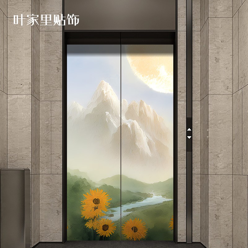 新款向日葵手绘油画风景电梯贴饰门贴防水C防撞整张墙贴画