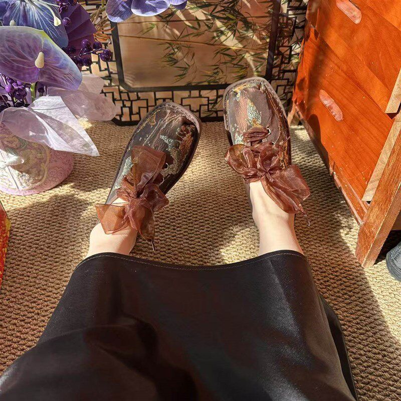 (金枝梦芭蕾鞋)重工工艺纯手工千层底女N士布鞋方头时尚芭蕾鞋