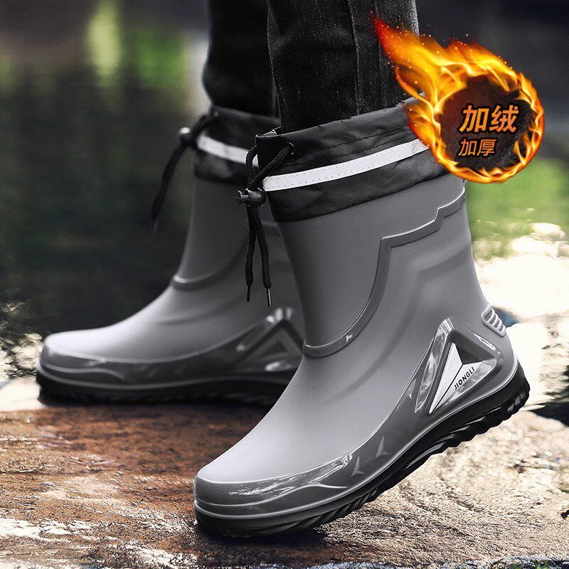 雨鞋冬天加绒一体雨靴鞋套防水防滑加厚耐磨下雪天防雪黑色中高筒