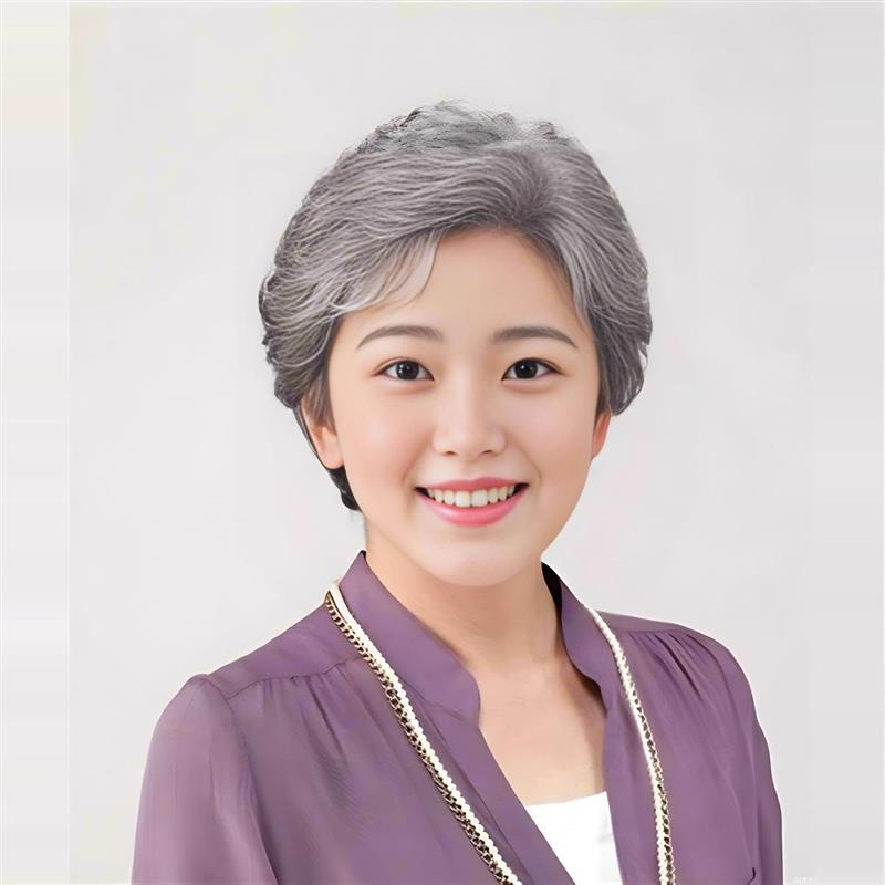 女士花白真发头发短卷发高档白发假发套奶奶花R白一体真发全真发