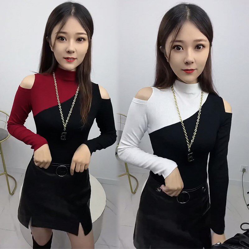 时尚t恤女23春季l韩版洋气显瘦百搭减龄拼色漏肩设计感气质打底衫