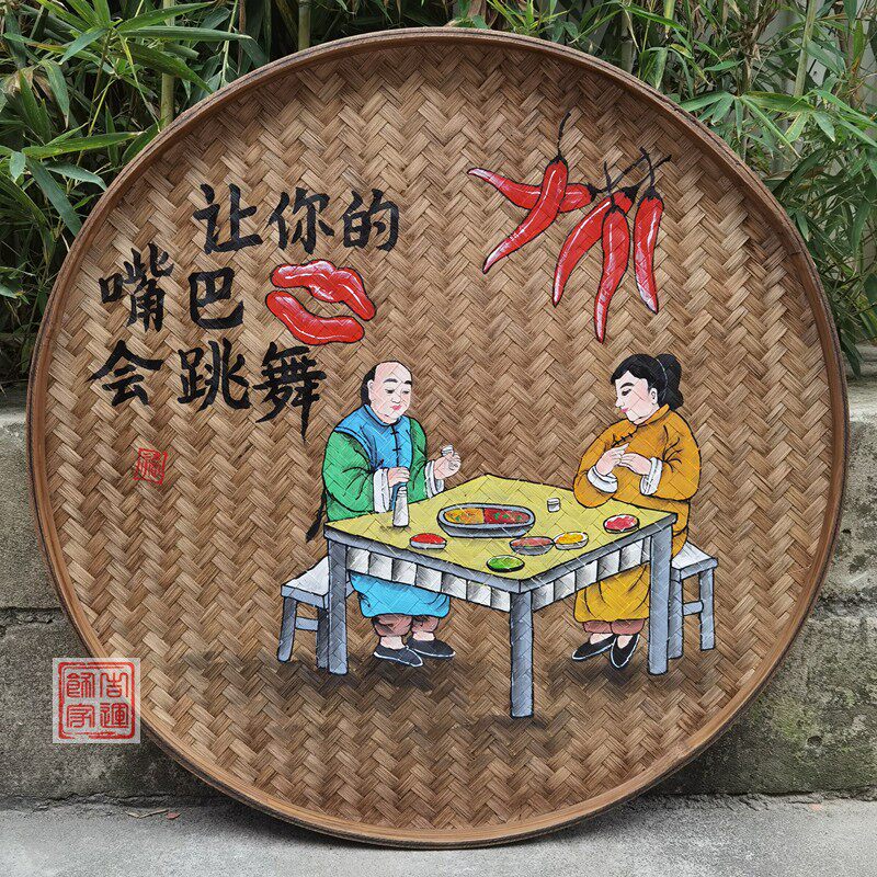 竹编手绘簸箕画装饰品餐馆挂饰米筛墙饰田园农村墙壁挂农家乐挂画